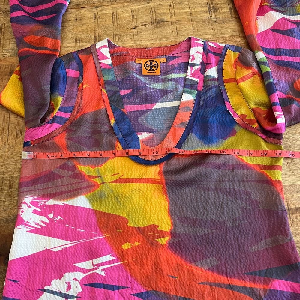 Tory Burch 100% Silk Tunic Blouse 8 Vibrant Abstract‎ Watercolor Artsy Designer - Picture 11 of 12